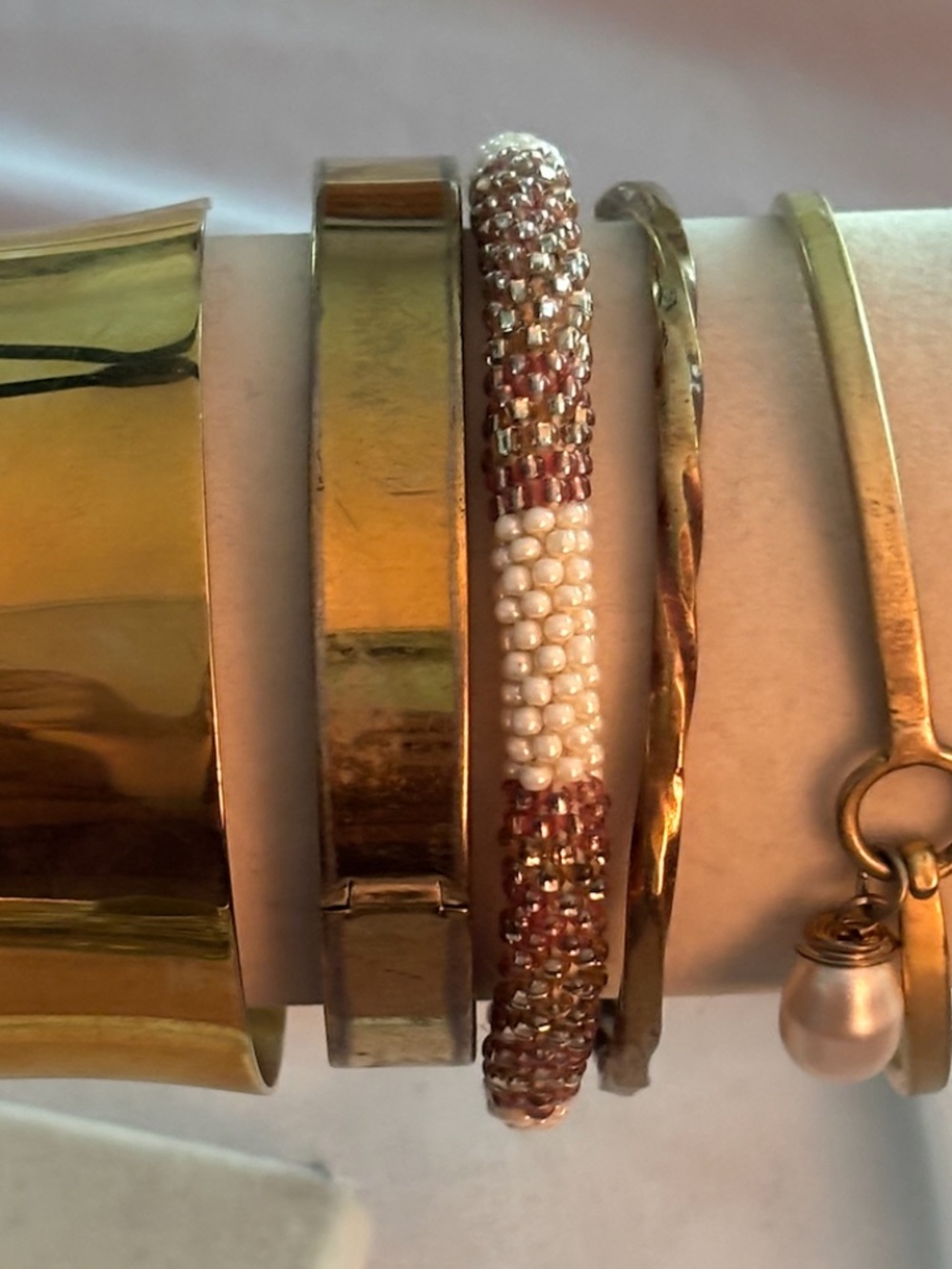 Mixed Gold Tone Bracelet Stack Set Beaded Pearl Charm Hinged Cuff & Bangle